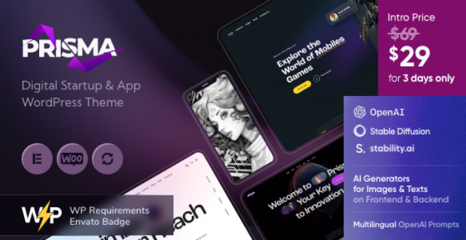 Prisma – Digital Startup & App WordPress Theme + AI